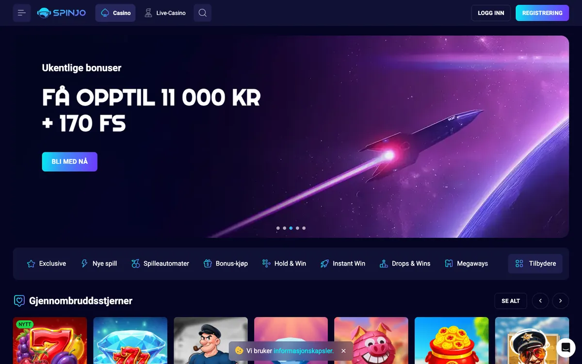 Spinjo Casino — Home page, captured from Norway