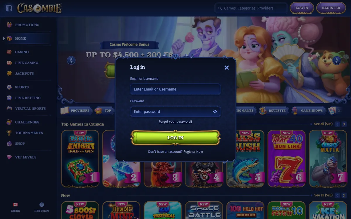 Casombie Casino — «Регистрация», снято из страны Канада