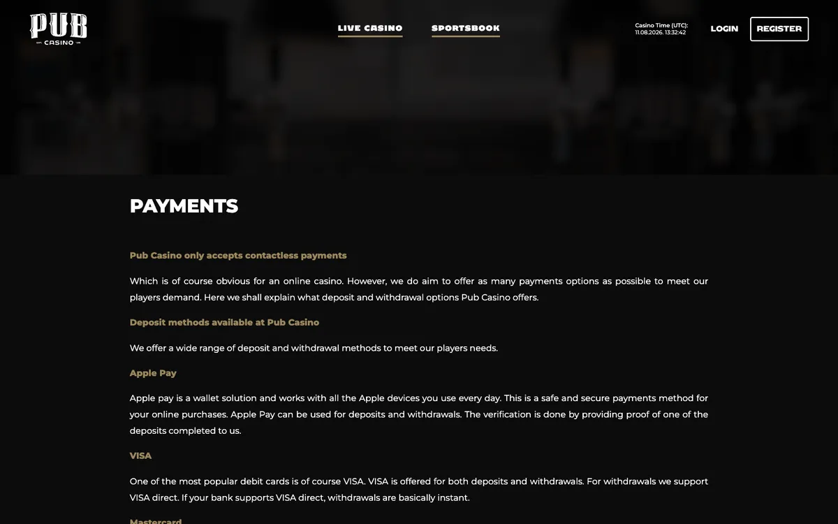 Pub Casino — Payments, captured from United Kingdom