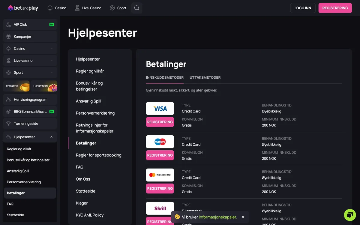 Betandplay Casino — Payments, captured from Norway