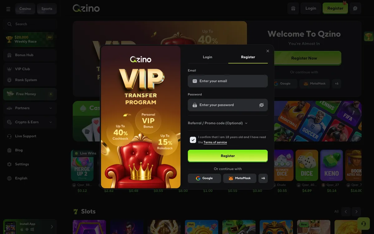 Qzino Casino — Sign-up, captured from Japan