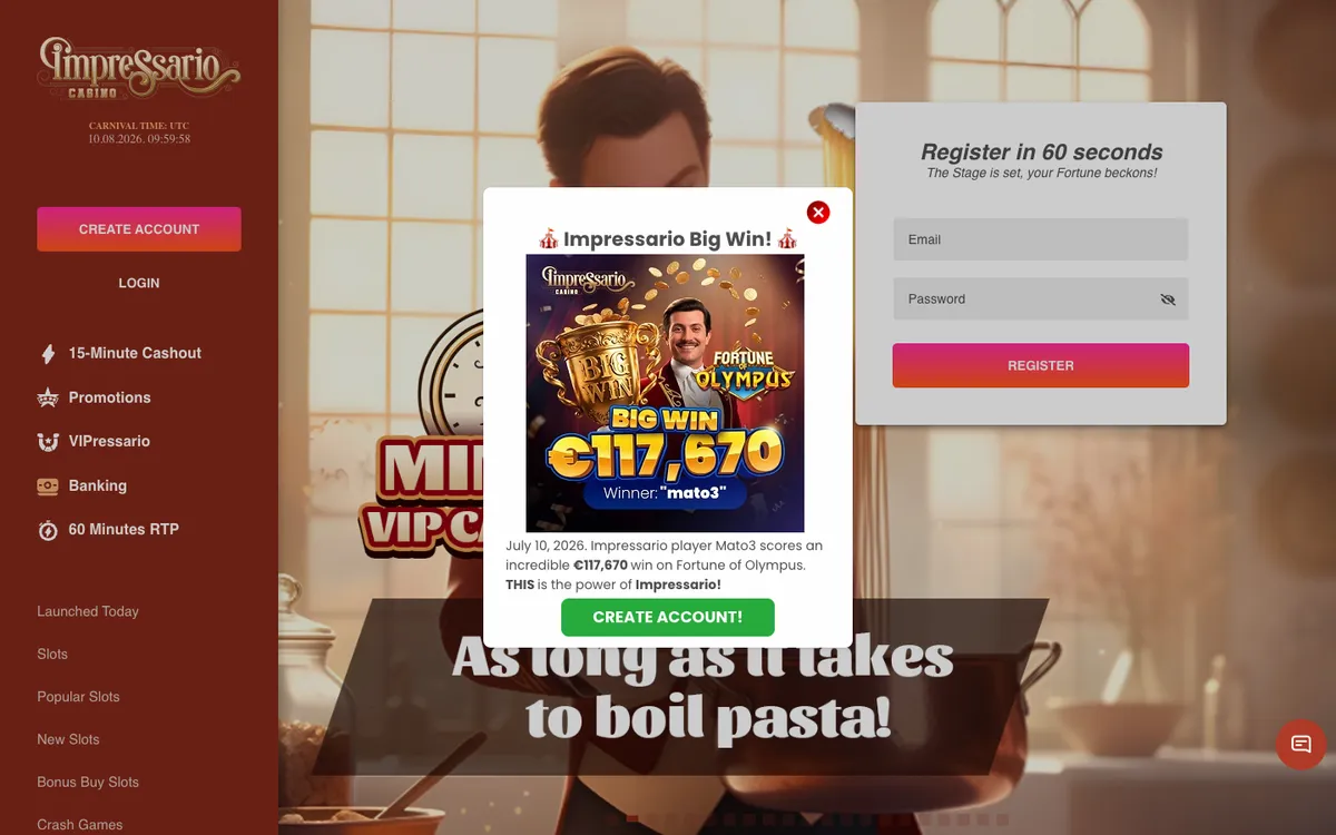 Impressario Casino — Home page, captured from Belgium