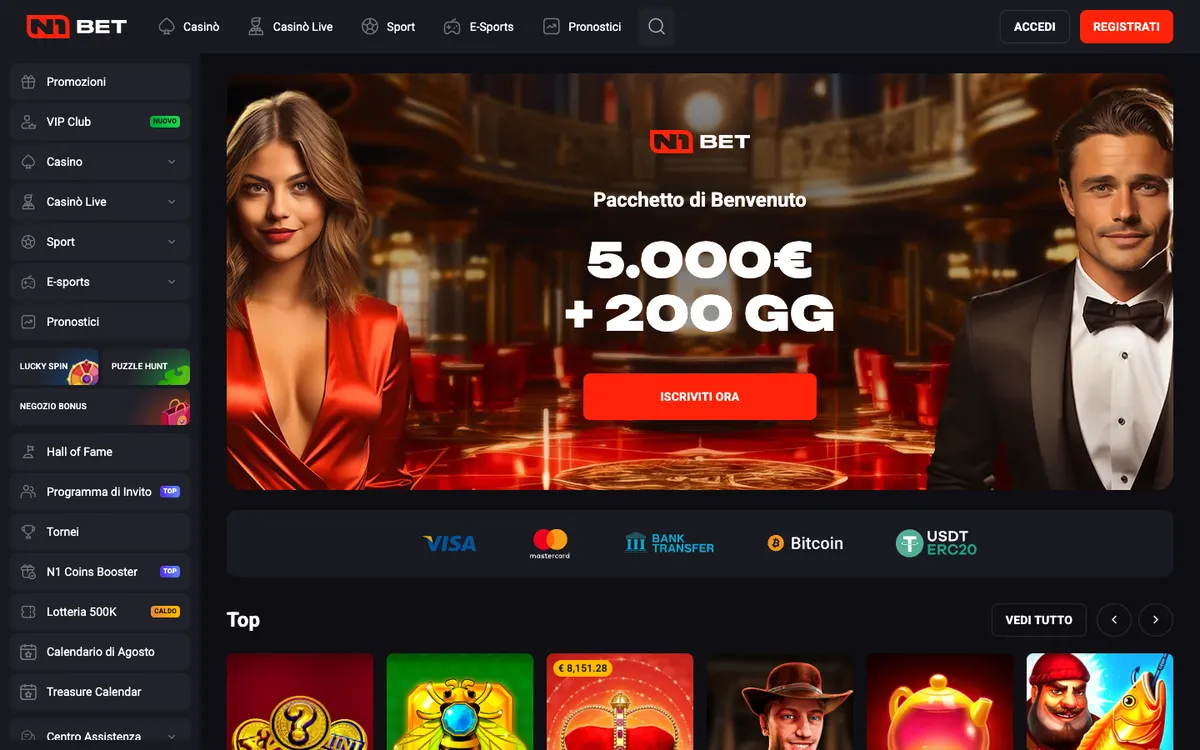 N1Bet Casino — Home page, captured from Italy