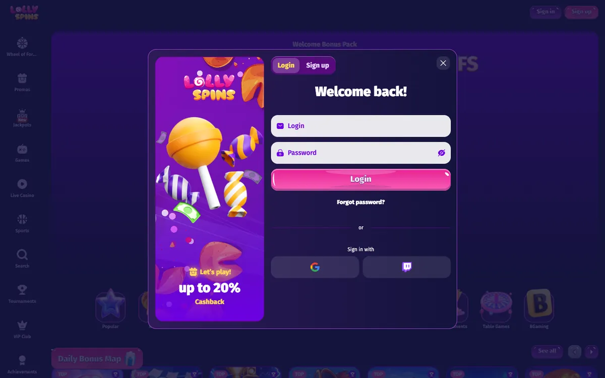 Lolly Spins Casino — Sign-up, captured from Norway