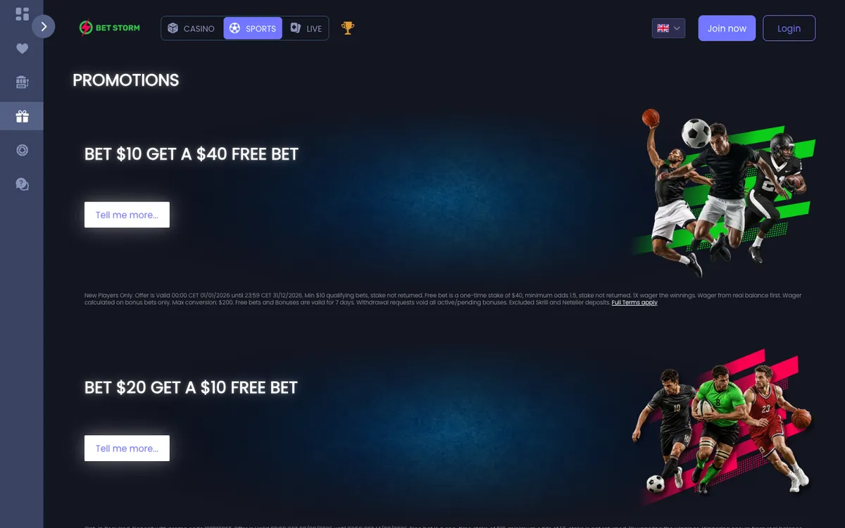 BetStorm Casino — «Акции», снято из страны Новая Зеландия