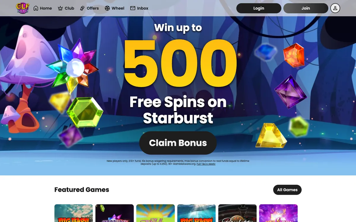Elf Slots Casino — Home page, captured from United Kingdom