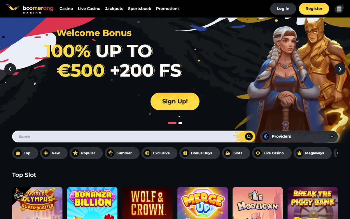 Boomerang Casino — Home page, captured from New Zealand