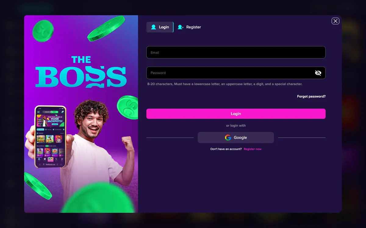 The Boss Casino — Sign-up, captured from United States