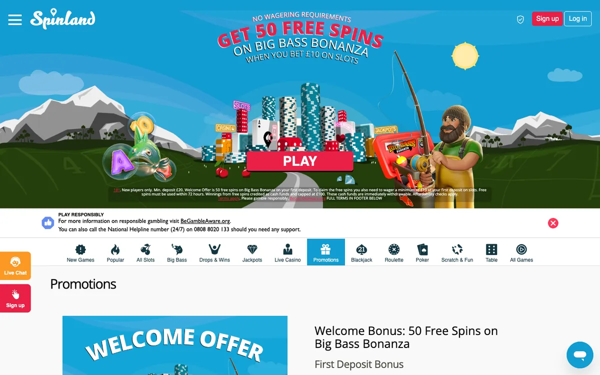 Spinland Casino — Promotions, captured from United Kingdom