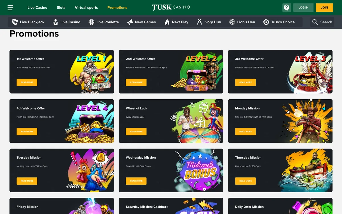 Tusk Casino — Promotions, captured from Finland