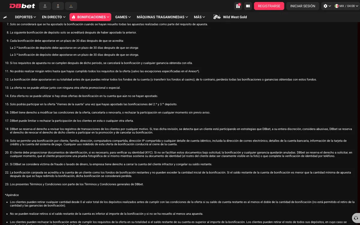 DBbet Casino — Promotions, captured from Mexico