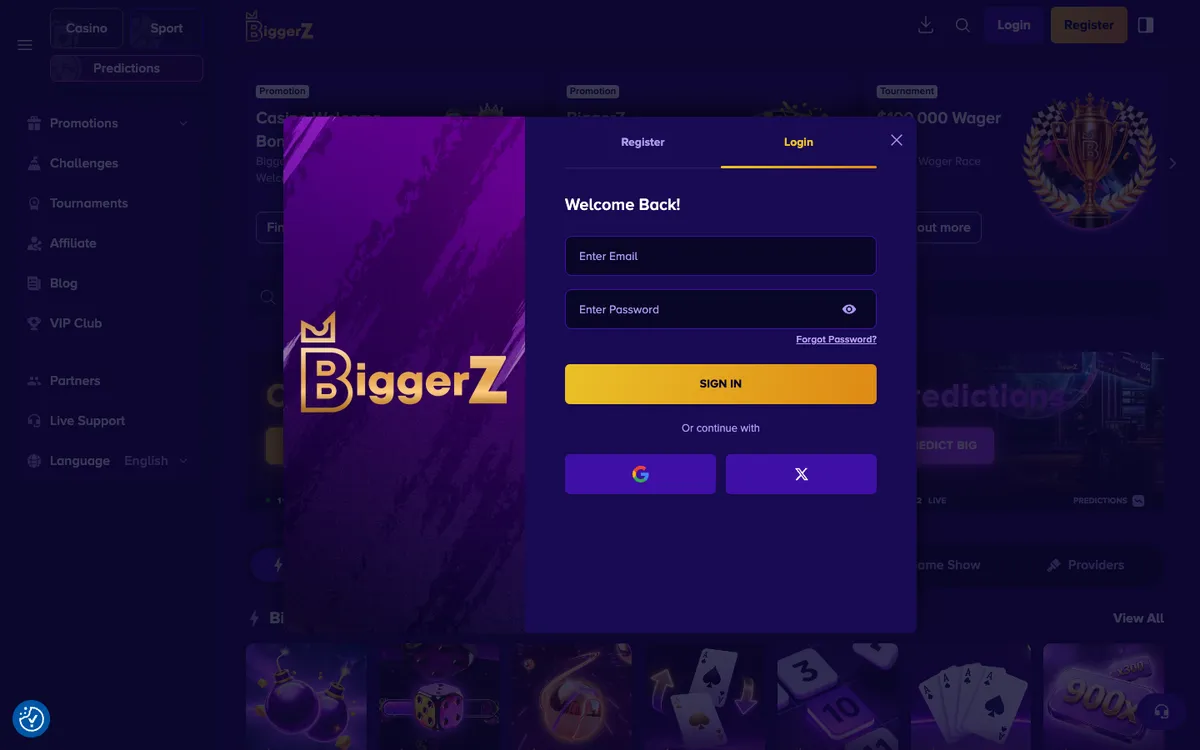 BiggerZ Casino — Sign-up, captured from Switzerland