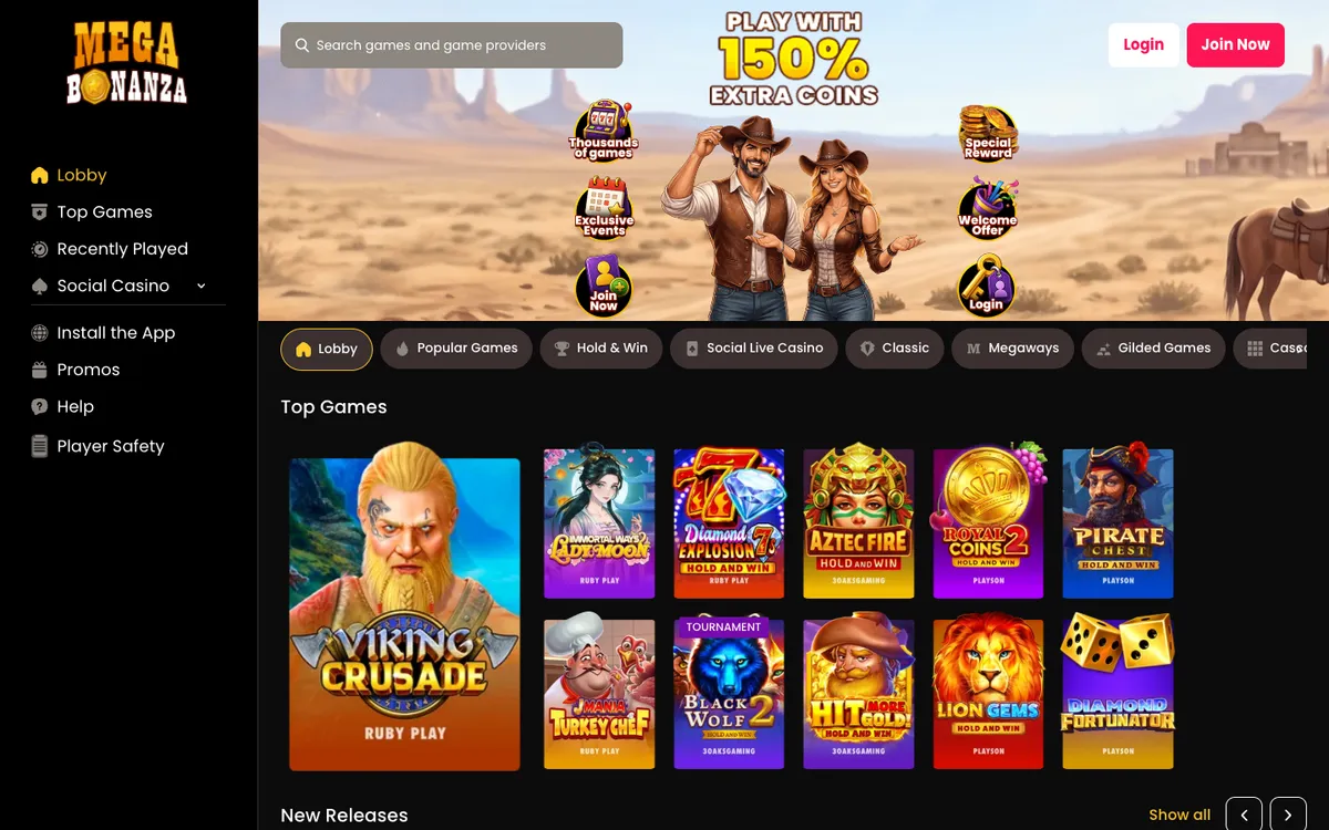 Mega Bonanza Social Casino — Home page, captured from United States