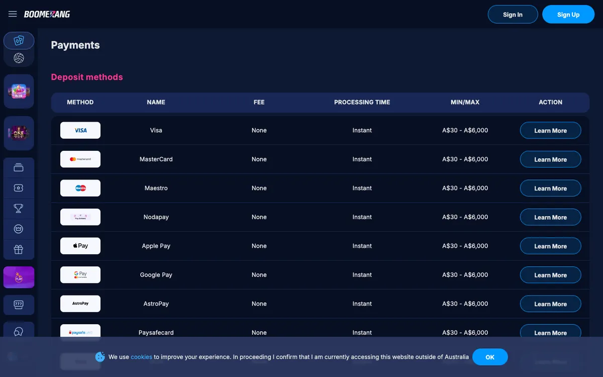 Boomerang-bet.io Casino — Payments, captured from Australia