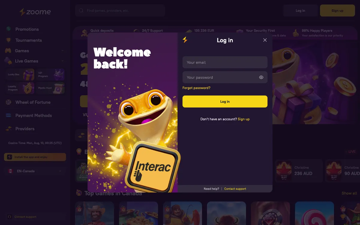Zoome Casino — Sign-up, captured from Canada