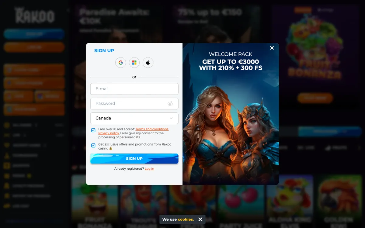 Rakoo Casino — Sign-up, captured from Canada