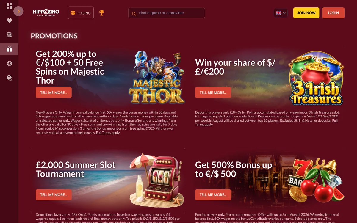 Hippozino Casino — Promotions, captured from Austria