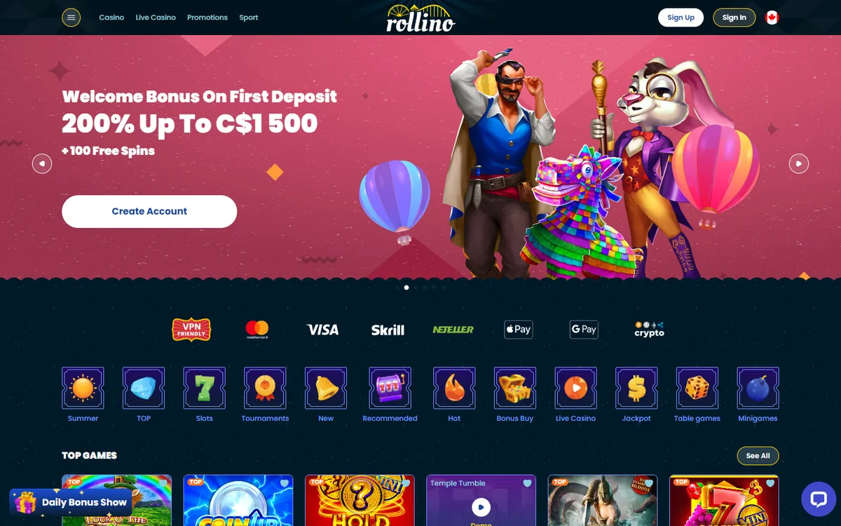 Rollino Casino — Home page, captured from Canada