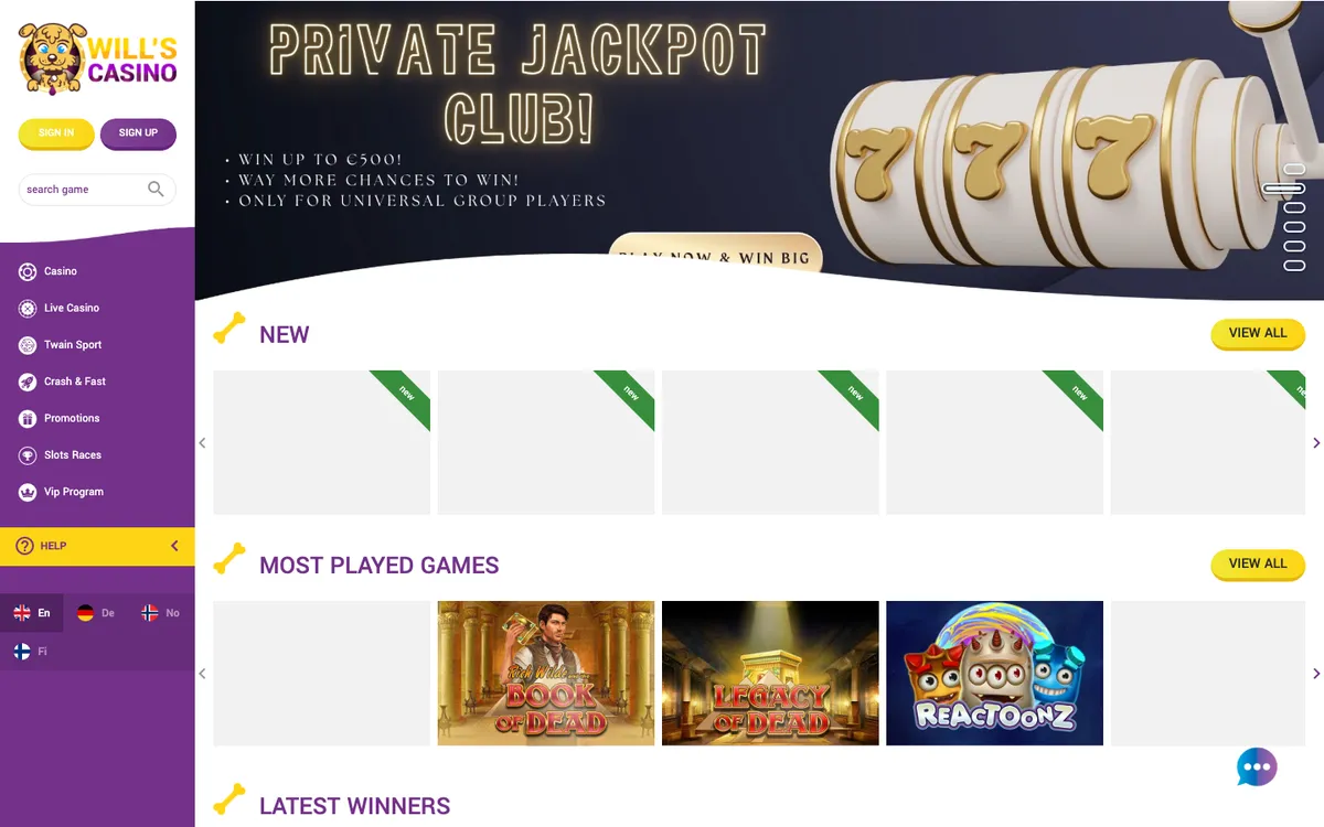 Will's Casino — Home page, captured from Norway