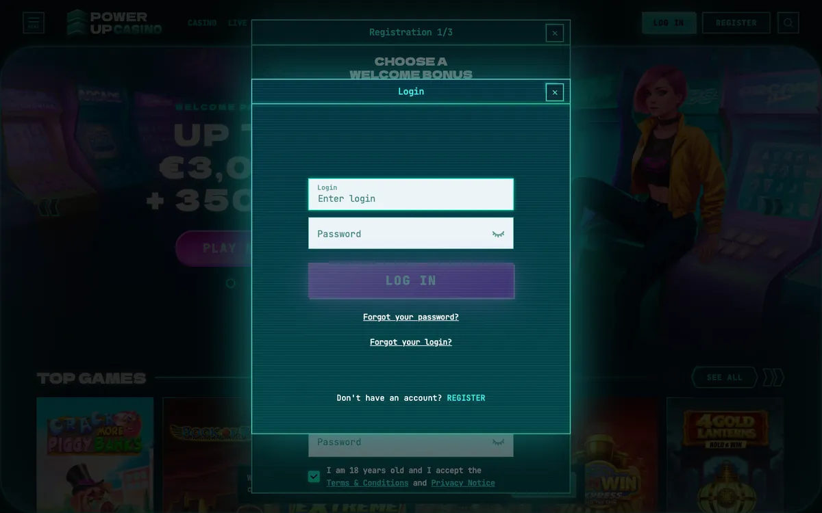 PowerUp Casino — «Регистрация», снято из страны Финляндия