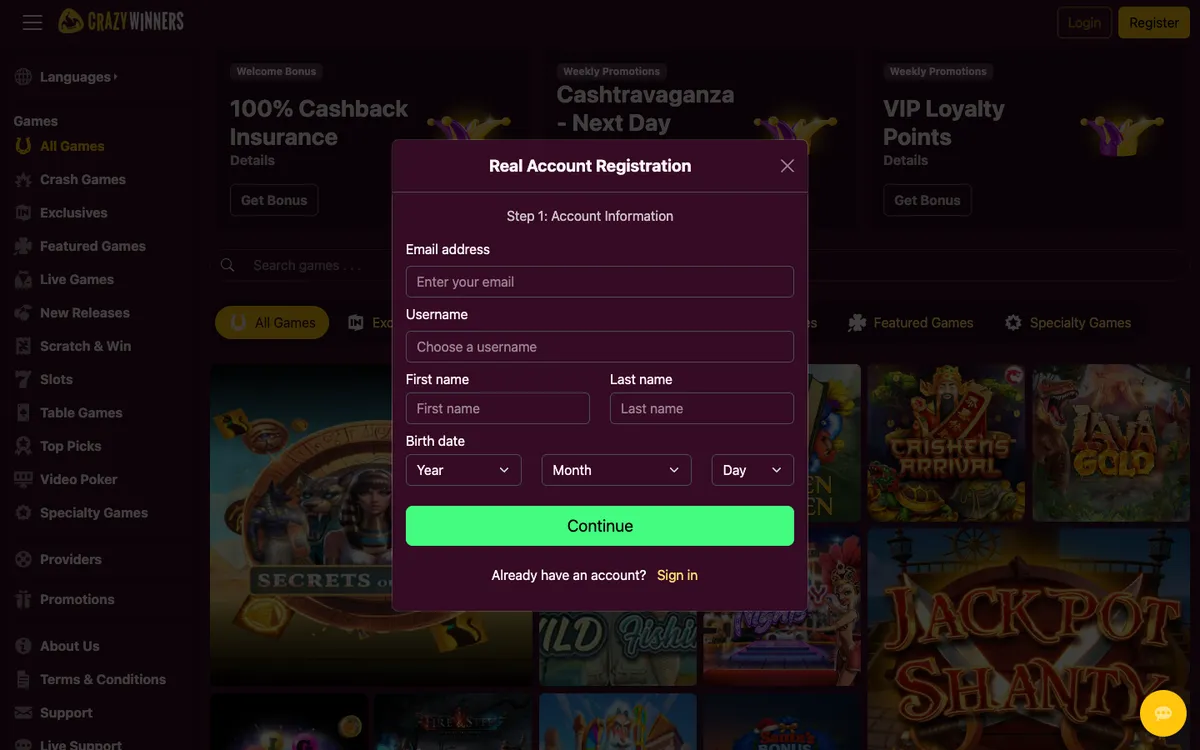 CrazyWinners Casino — «Регистрация», снято из страны Бельгия