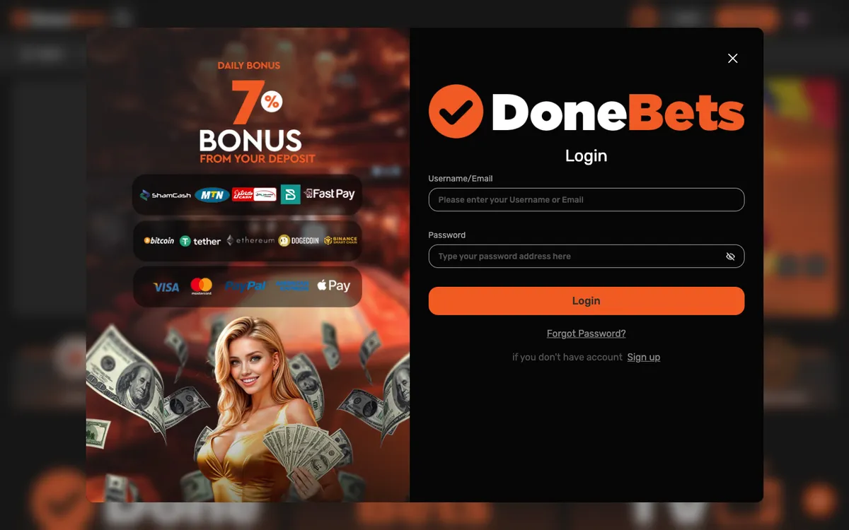 DoneBets Casino — «Регистрация», снято из страны ОАЭ