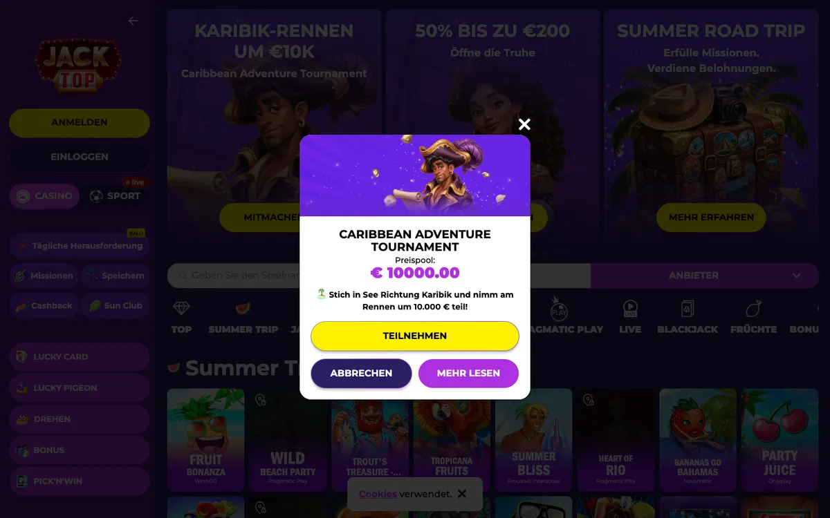 Jacktop Casino — Home page, captured from Germany