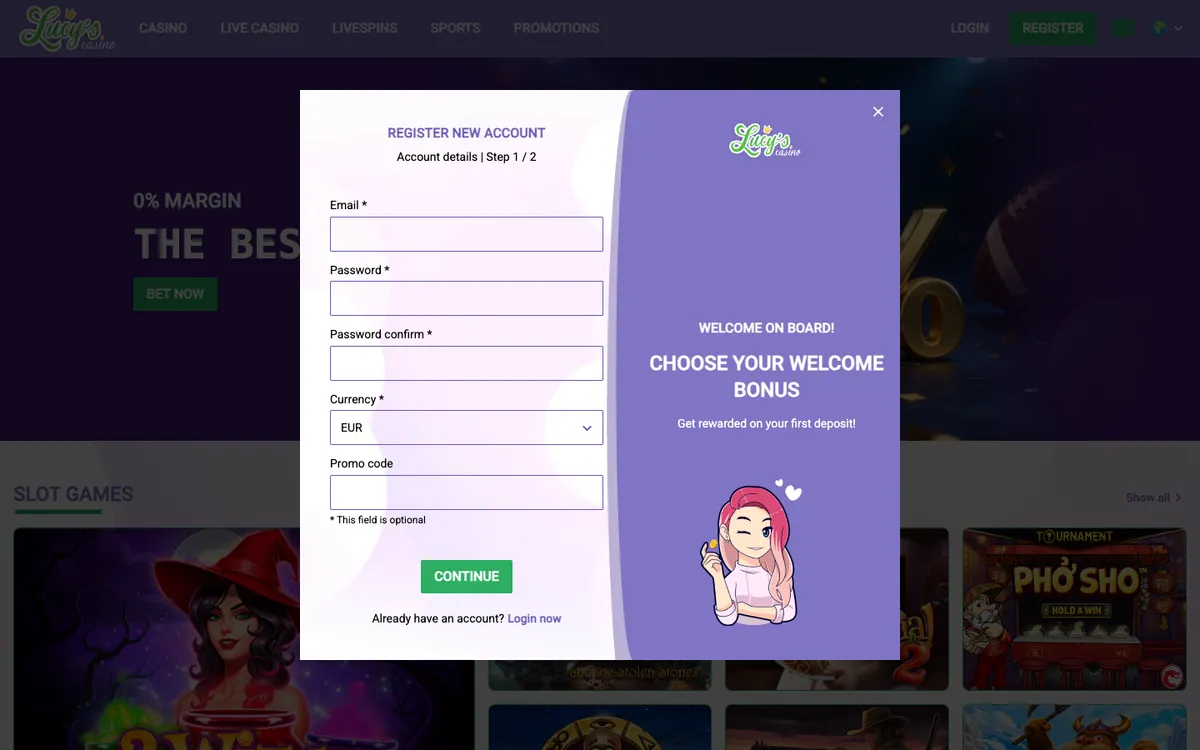 Lucy's Casino — Sign-up, captured from Portugal