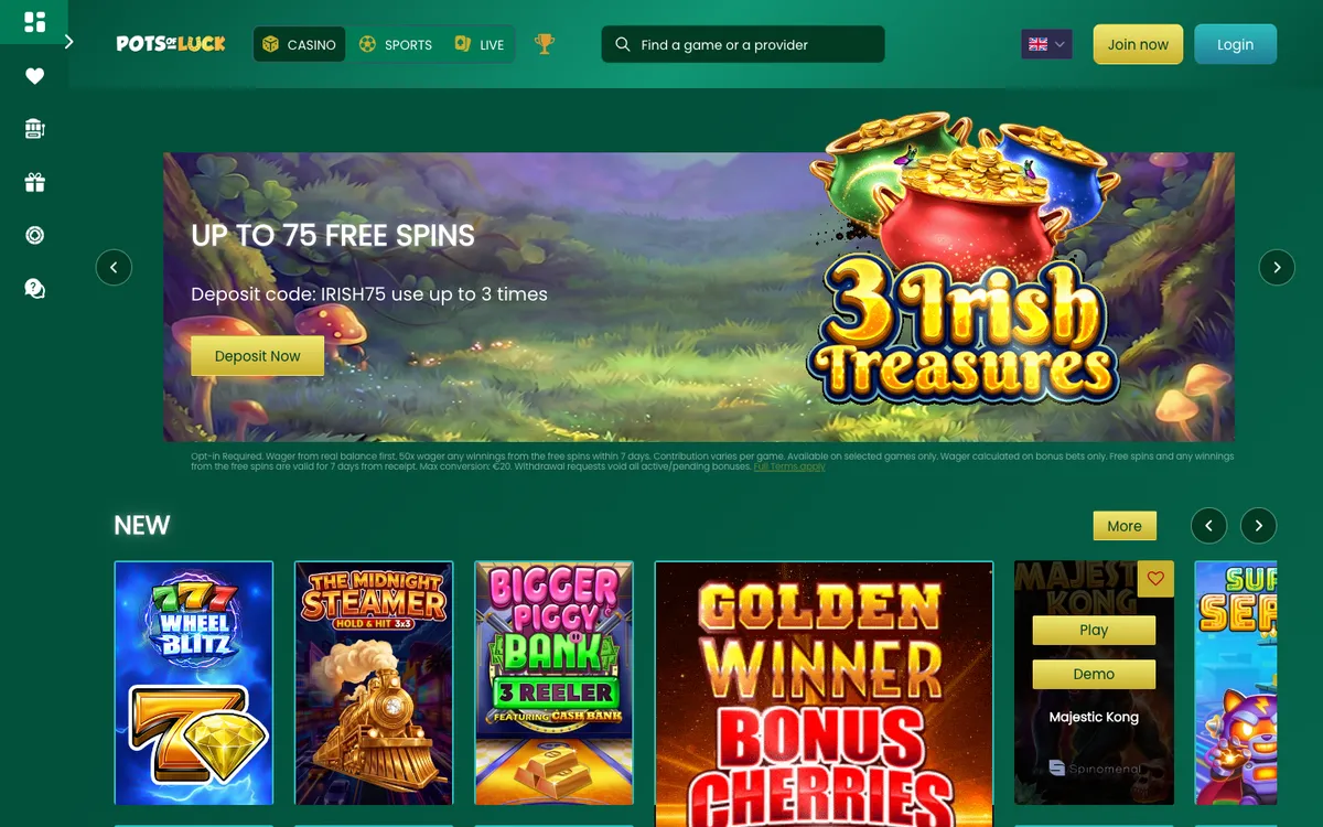 PotsOfLuck Casino — «Главная», снято из страны Испания