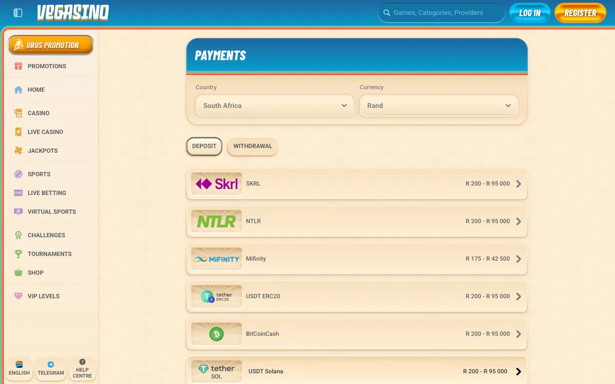 Vegasino Casino — Payments, captured from South Africa