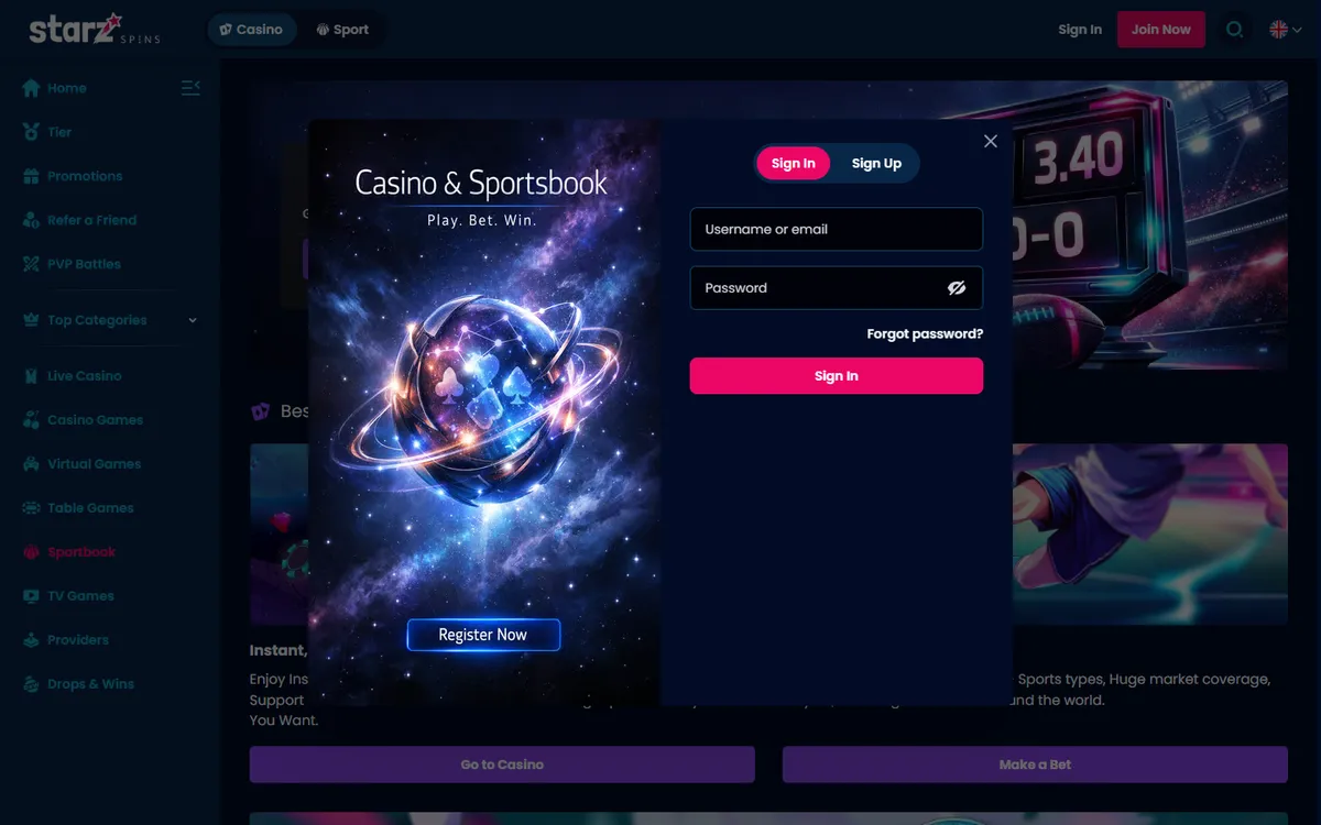 Starz Spins Casino — Sign-up, captured from Canada