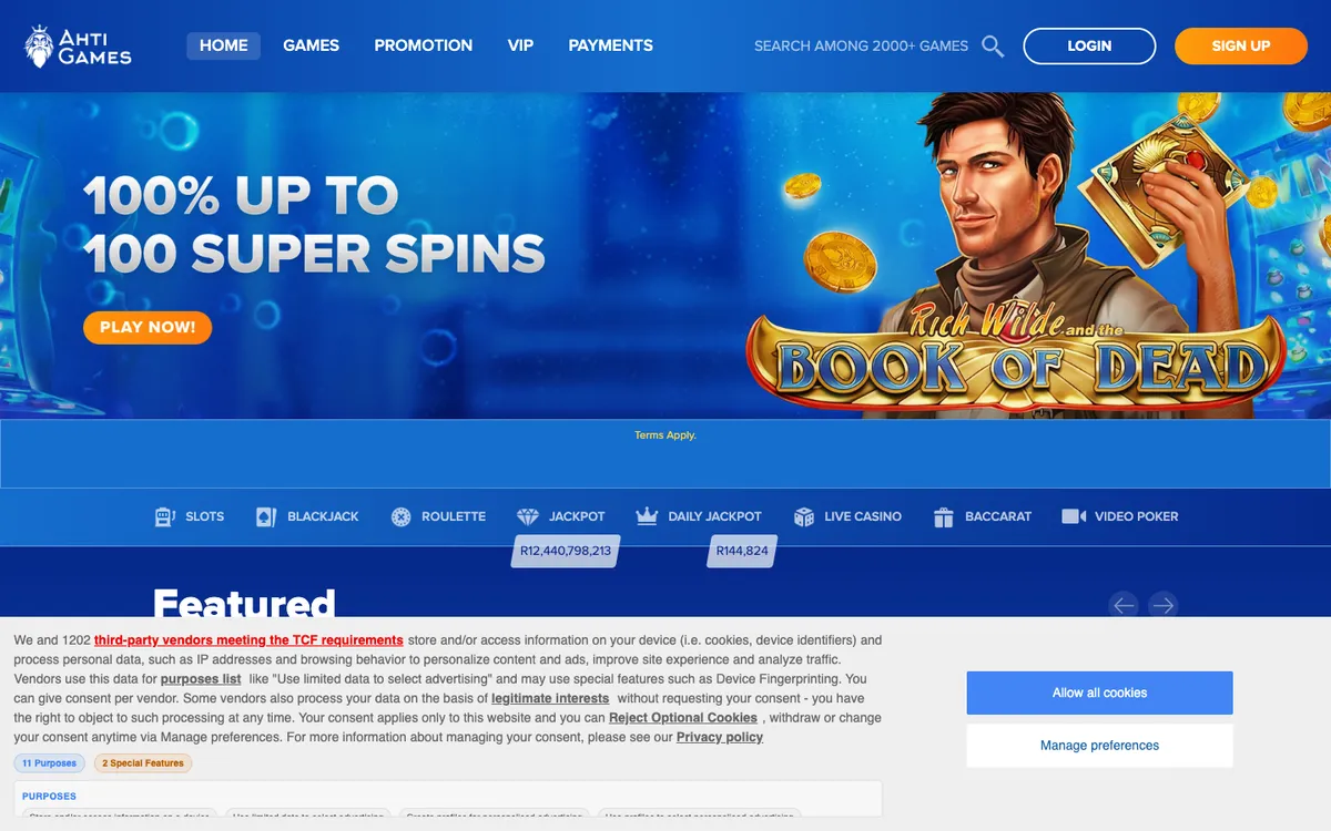 AHTI Games Casino — Home page, captured from South Africa