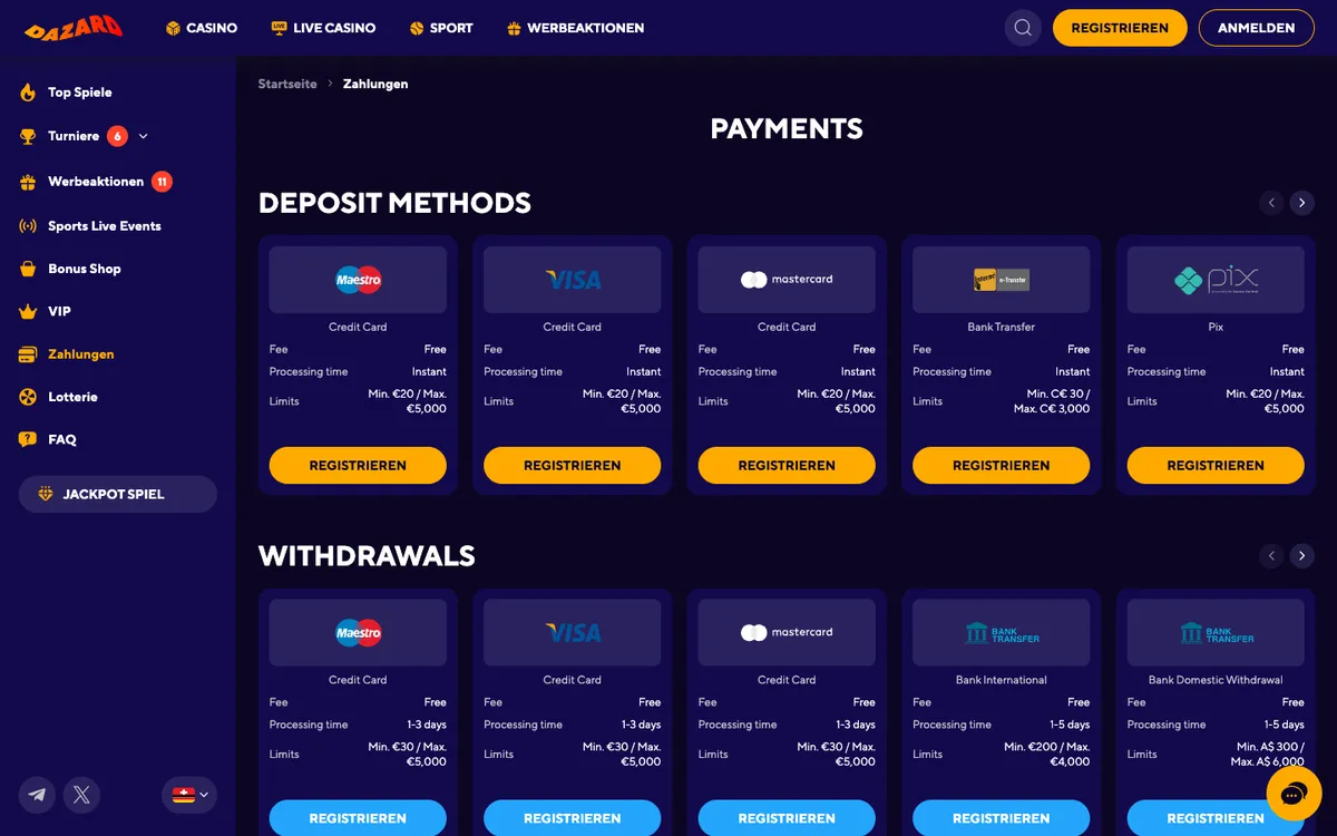 Dazard Casino — Payments, captured from Switzerland