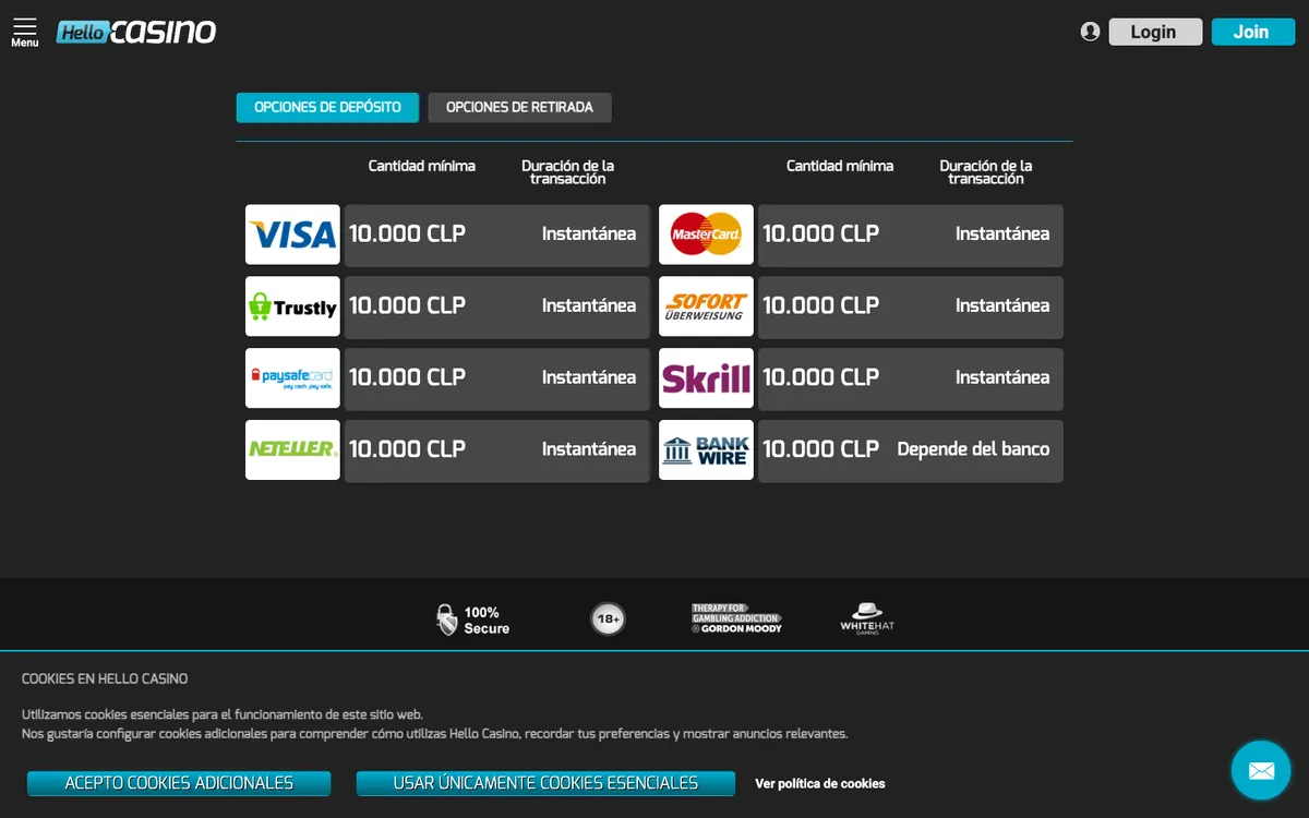 Hello Casino — Payments, captured from Chile