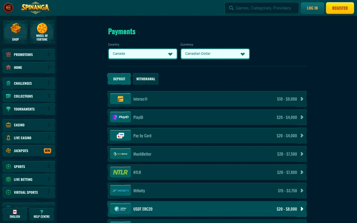 Spinanga Casino — Payments, captured from Canada