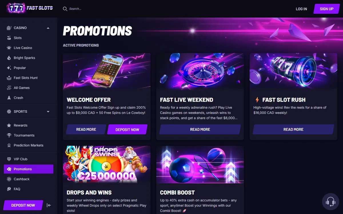 Fast Slots Casino — Promotions, captured from Canada