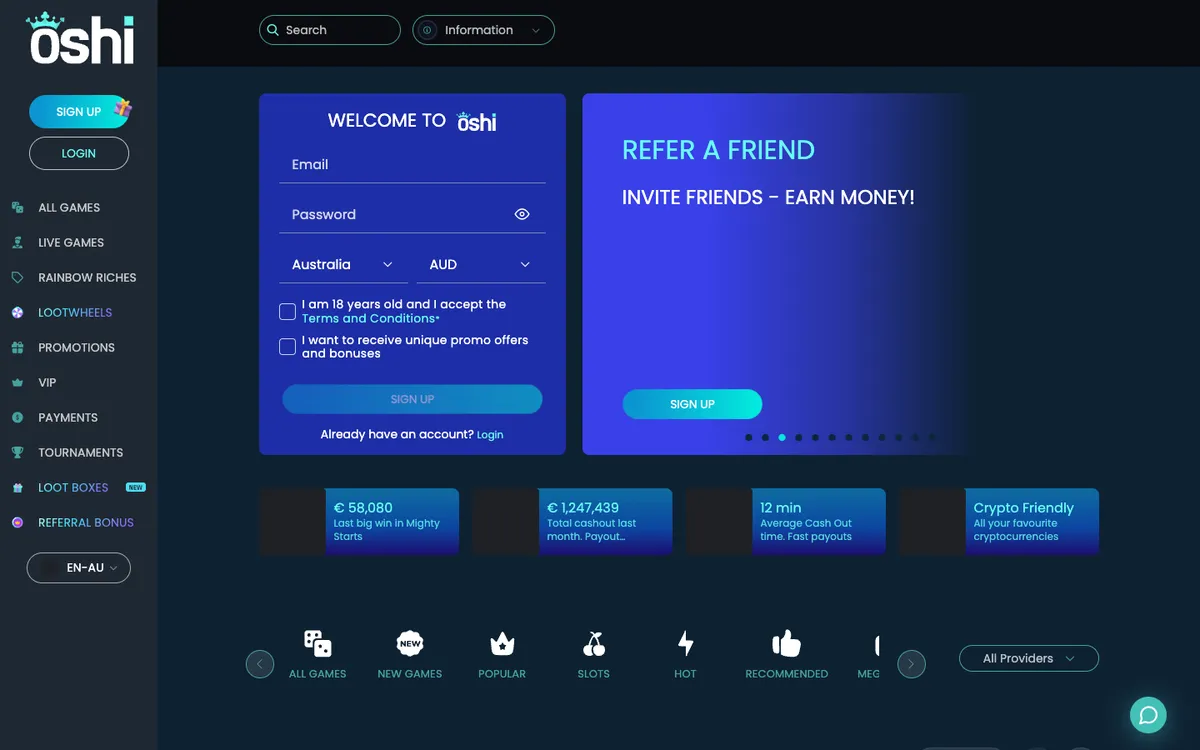 Oshi Casino — «Главная», снято из страны Австралия