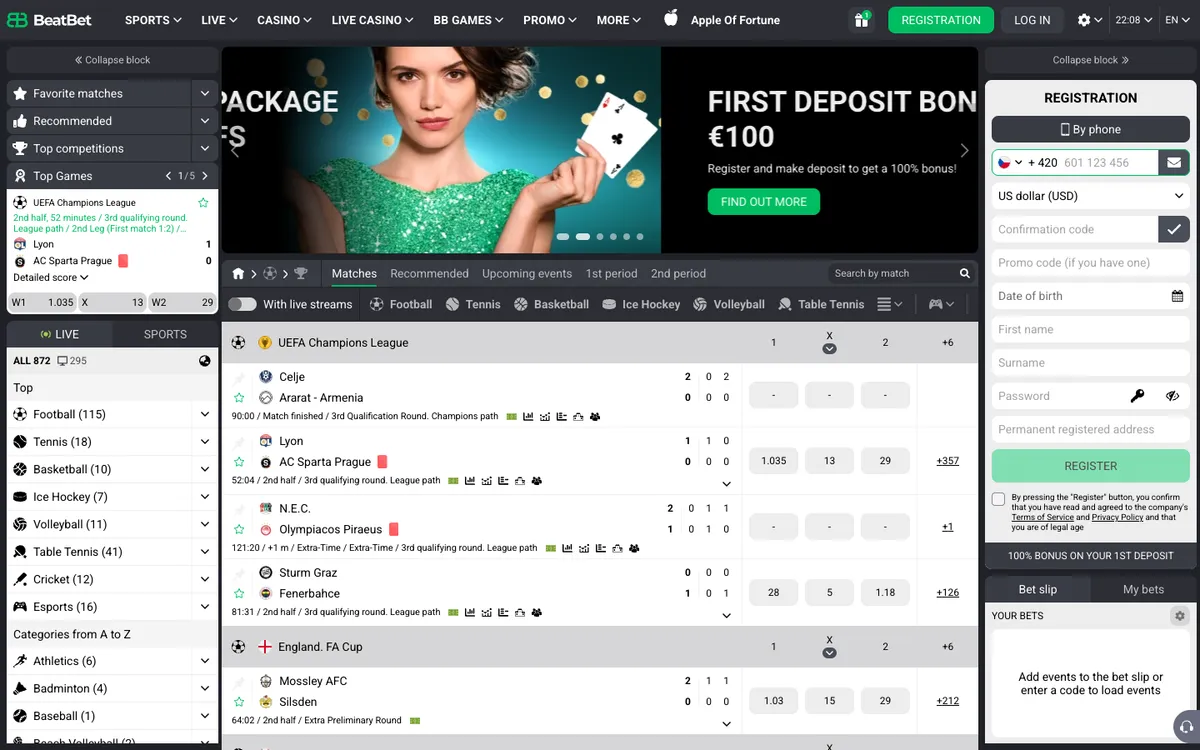 BeatBet Casino — Home page, captured from Czechia
