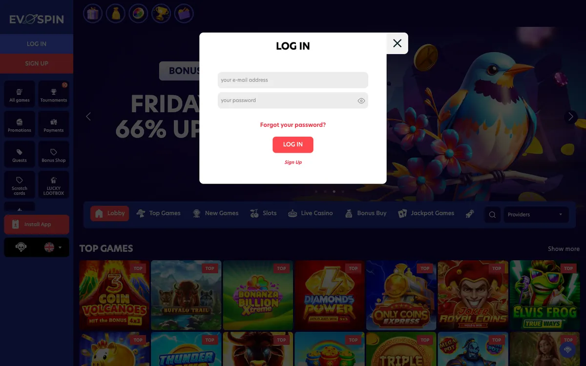 Evospin Casino — Sign-up, captured from United Arab Emirates