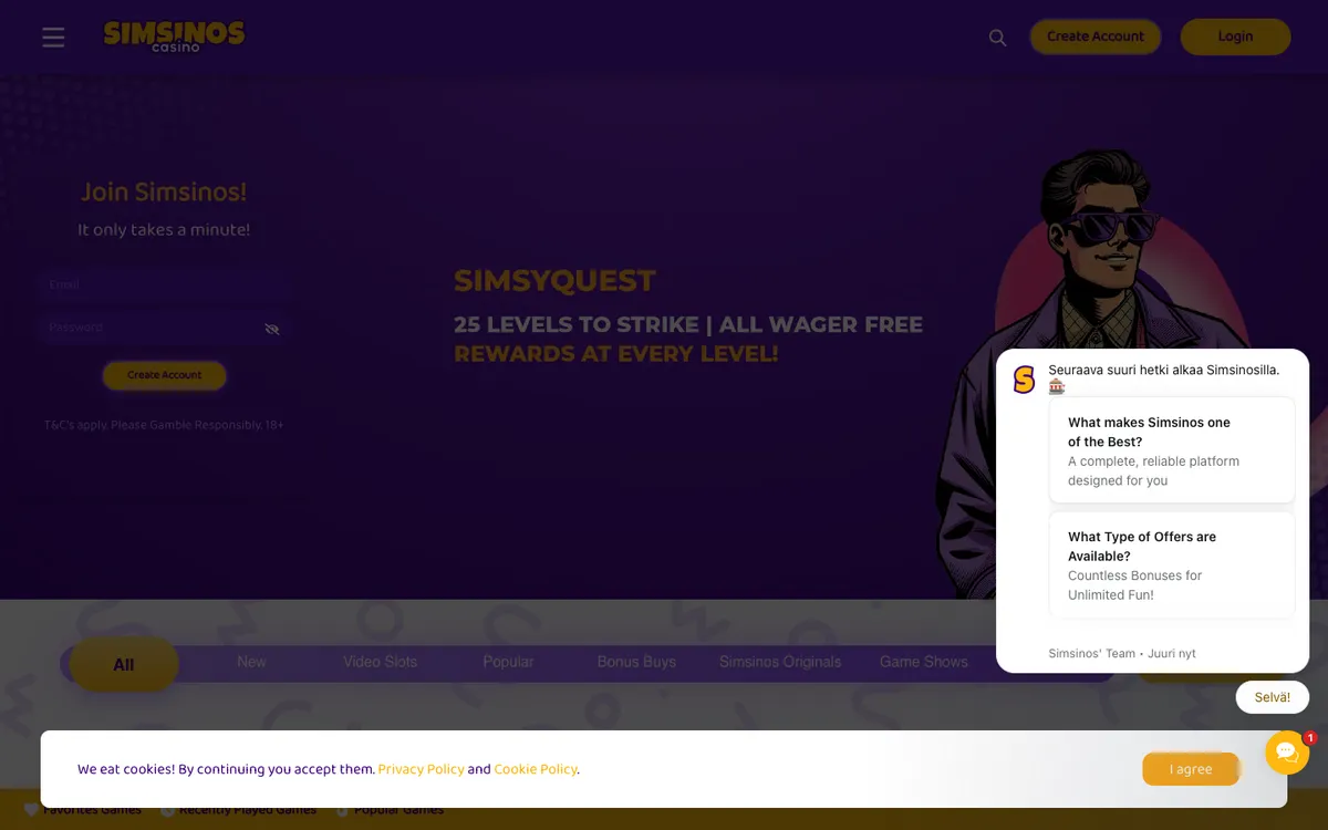 Simsinos Casino — Sign-up, captured from Finland
