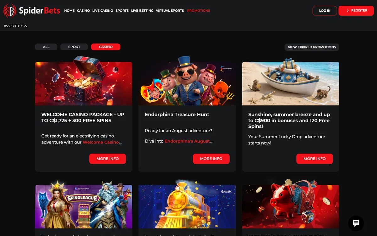 SpiderBets Casino — «Акции», снято из страны Канада