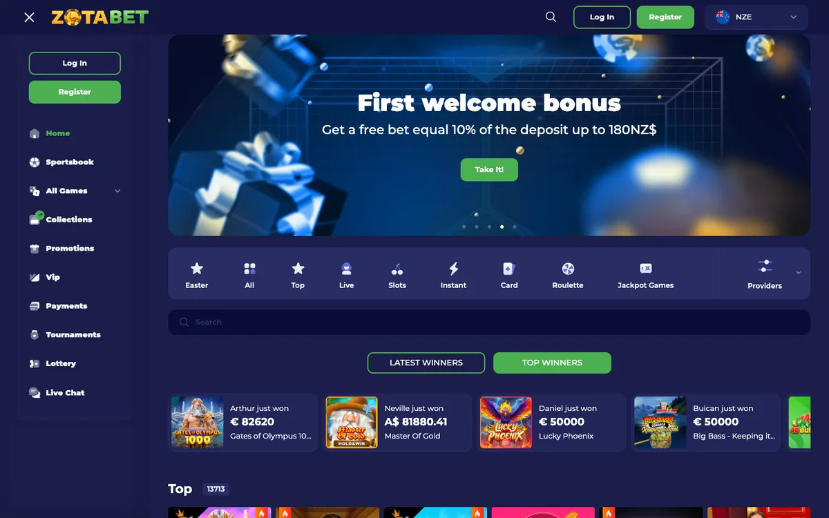 Zotabet Casino — Home page, captured from New Zealand