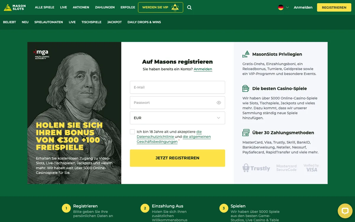 Mason Slots Casino — Home page, captured from Germany