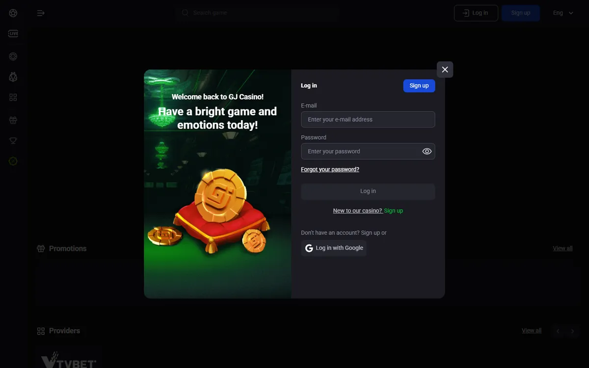 GJ Casino — «Регистрация», снято из страны Канада