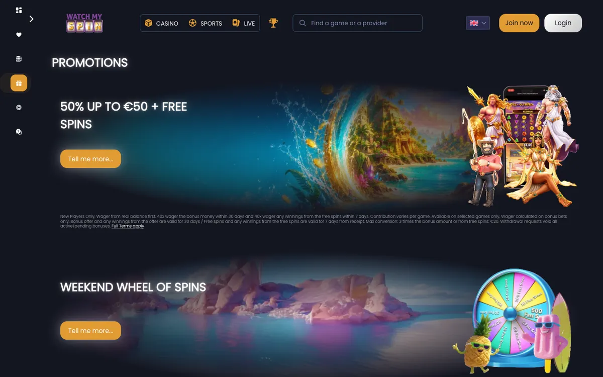 Watchmyspin Casino — «Акции», снято из страны Австрия