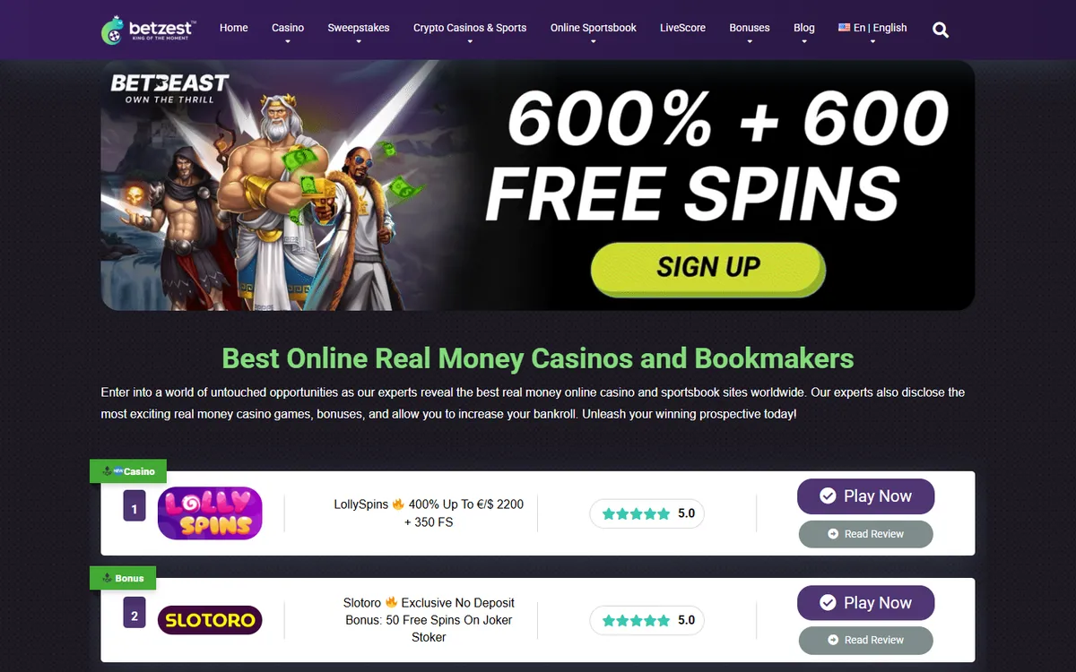 Betzest Casino — Home page, captured from Canada