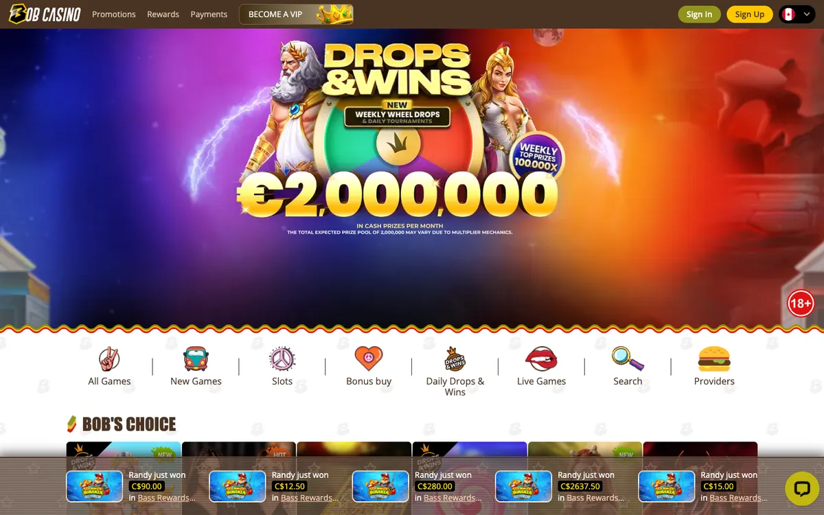 Bob Casino — Home page, captured from Canada