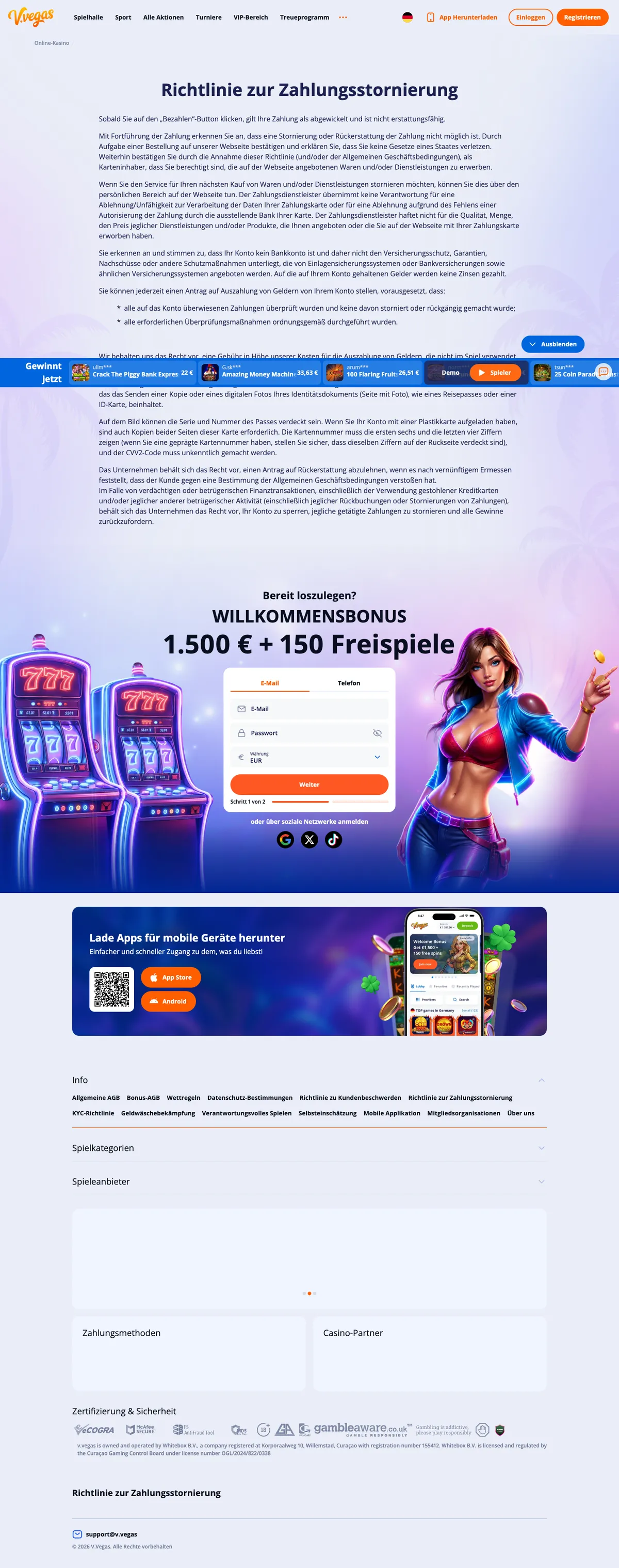 V.Vegas Casino — Payments, captured from Germany