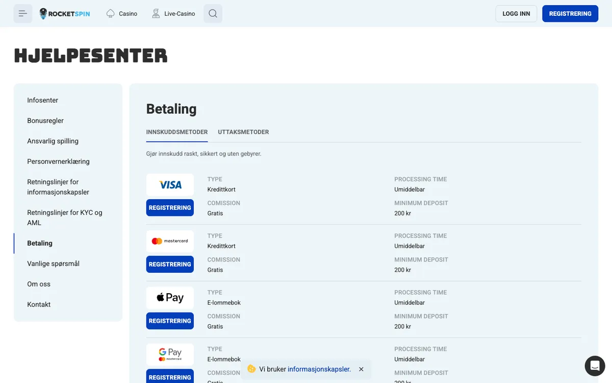 Rocket Spin Casino — Payments, captured from Norway