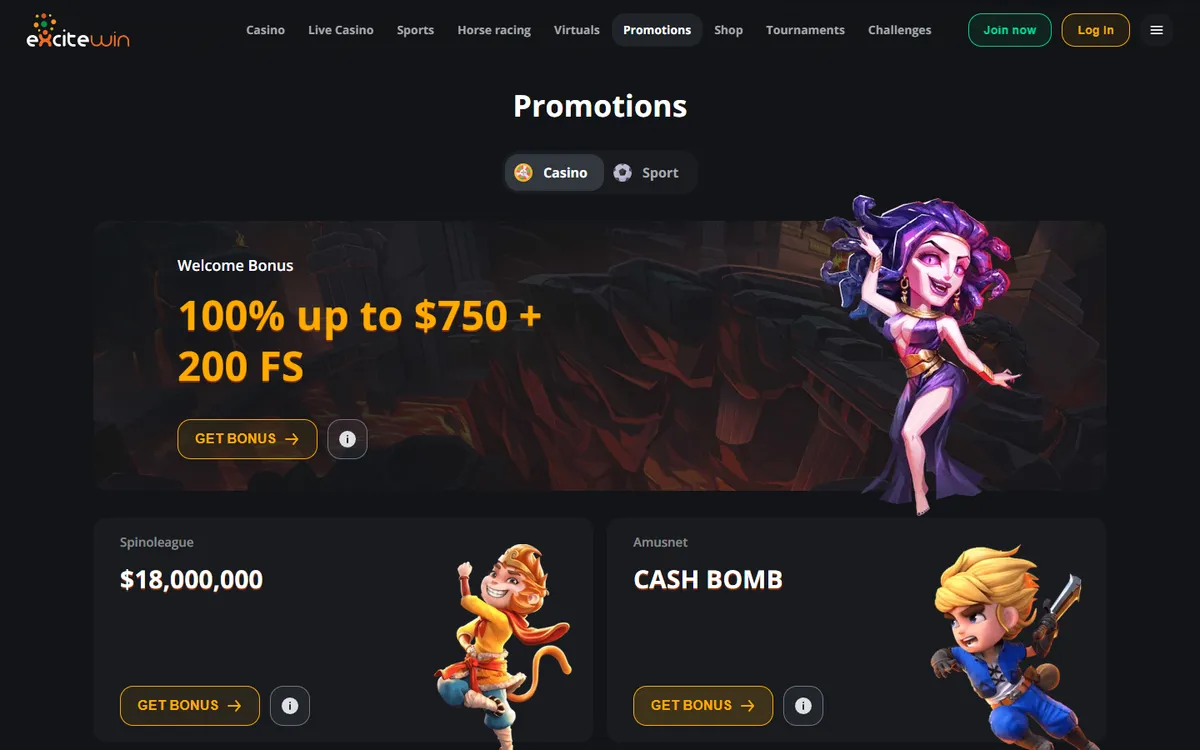 Excitewin Casino — Promotions, captured from Canada